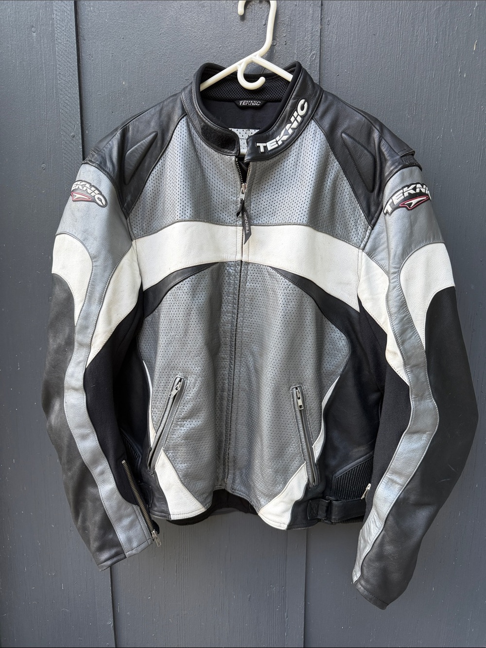 Teknic Men's Gray Black White Perforated Leather Motorcycle Jacket